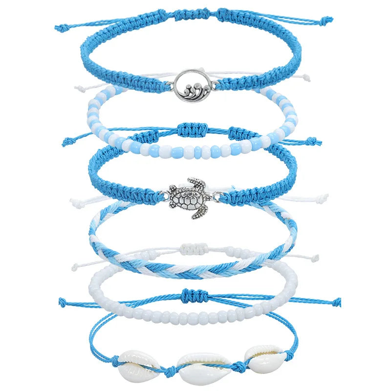 New Boho Waterproof Anklets Surfer Wave Wax String Ankle Bracelets Ocean Wave Turtle Friendship Wrap Bracelets Boho Braided