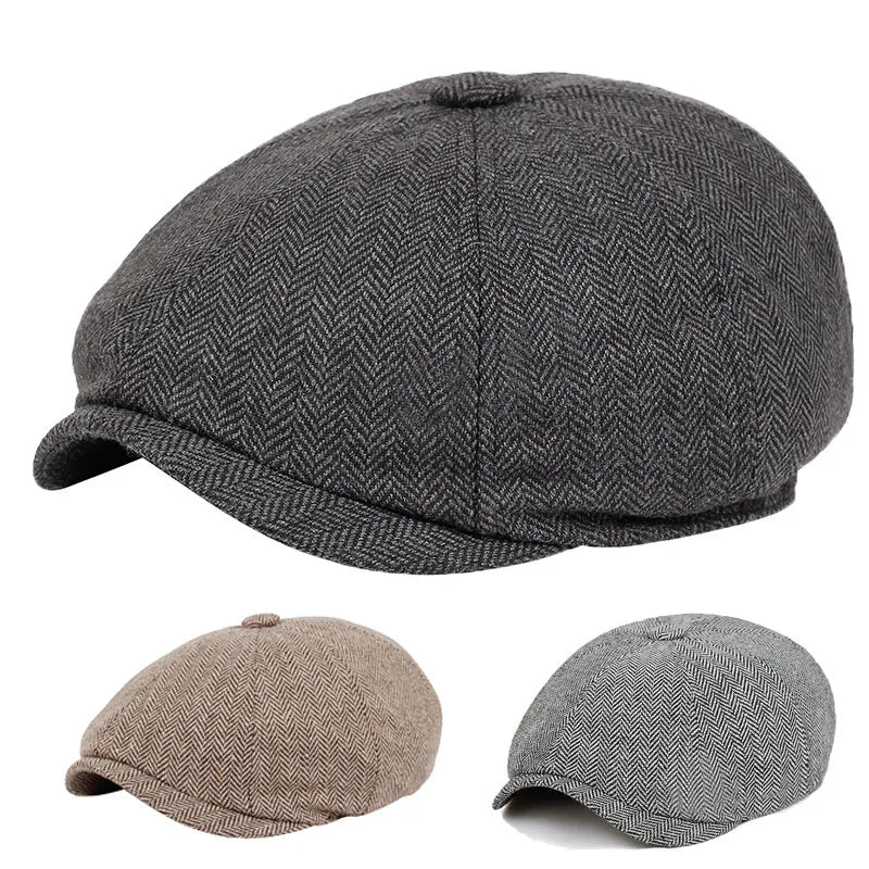 Stripe Autumn Winter Men Short Brim Elasticity Newsboy Hat Outdoor Keep Warm Korean Version Unisex Beret Peaked Cap