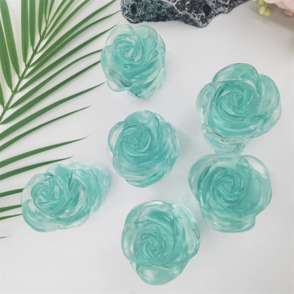 Hot Sale Healing Gemstone Love Customized Hand Carved Blue Glass Rose Crafts for Business Gift