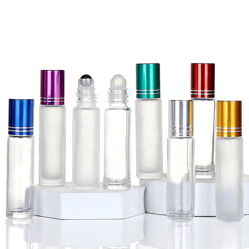 LZ Pack Stock Round Clear Frosted 10ml Glass Roller Ball Bottle Custom Logo Essential Oil Glass Perfume Roller Bottle With Box