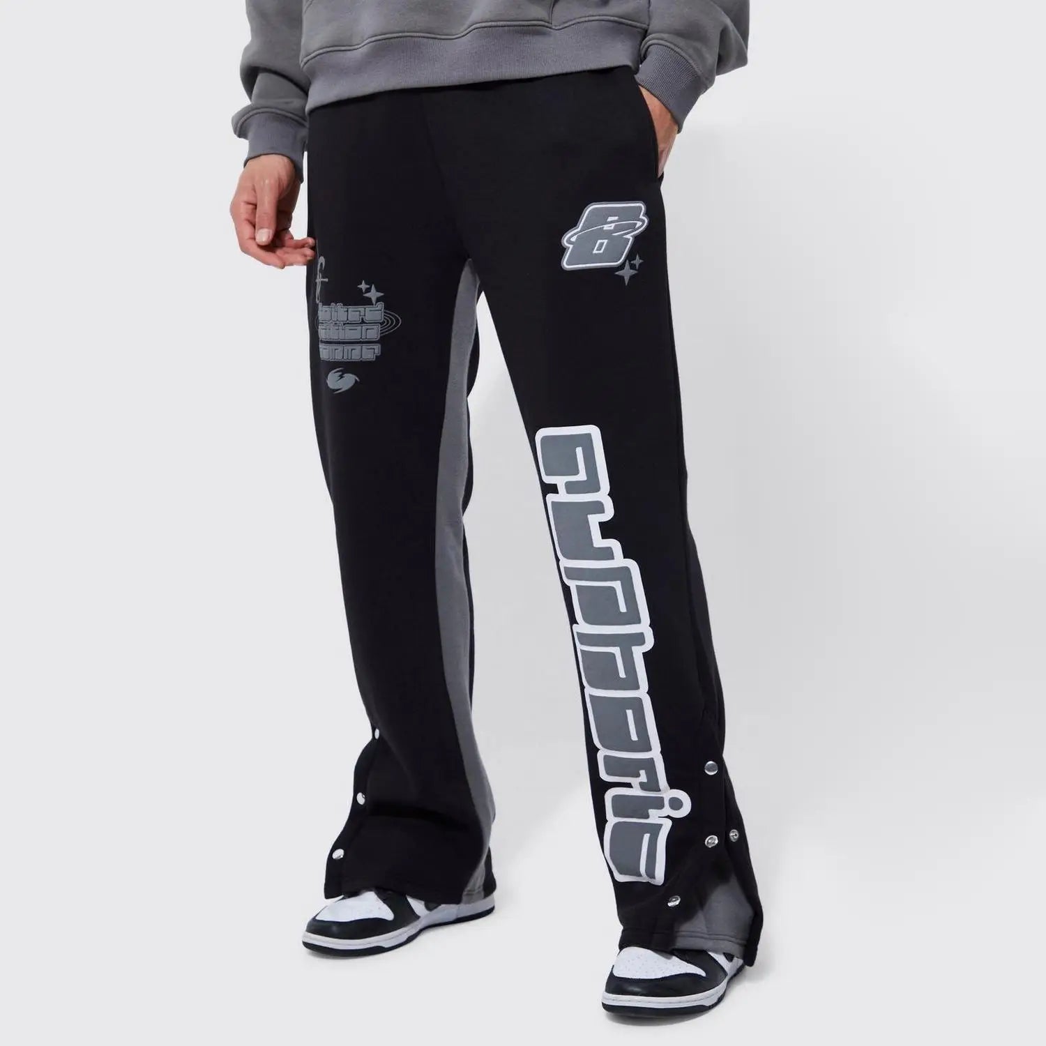 OEM Custom Button Split Hem Flare Trousers for Men Street Style Patchwork Elastic Waist Baggy for Puff Print Joggers Canvas Fabr