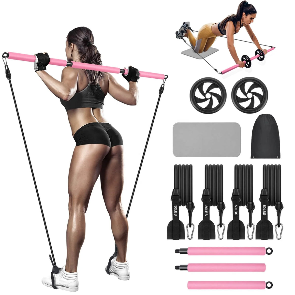 MR Pilates Bar Kit ab Wheel Knee Mat Adjustable 3-Section Alloy Steel Pilates Bar 4 Resistance Bands (100-200LBS) for Home Gym