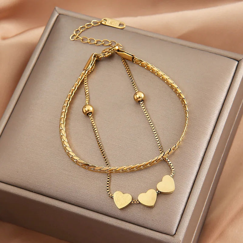 Hot Selling Personalized Women Simple Titanium Hand Jewelry Adjustable Stainless Steel Double Layers Chain Heart Bracelet