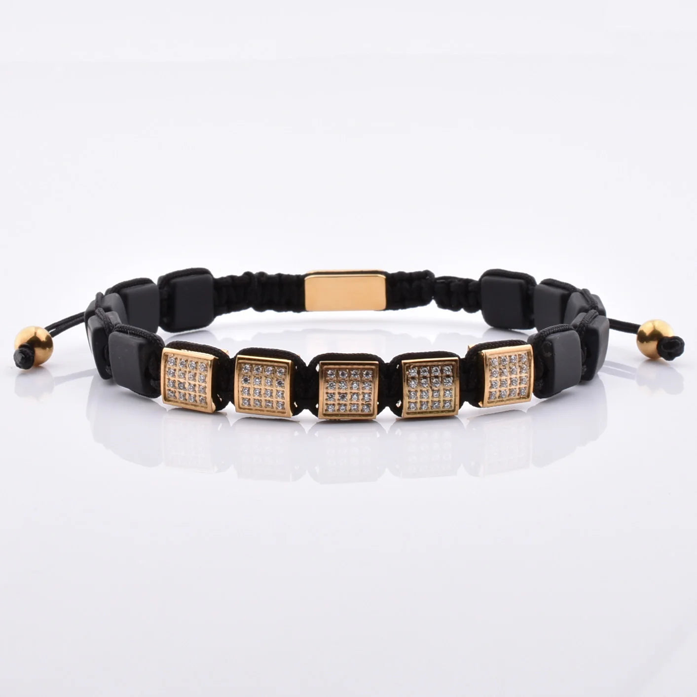 New Arrival Fashion Style Black Adjustable Bead Diamond Inlay Gold Charm Macrame Flat Bead Bracelet