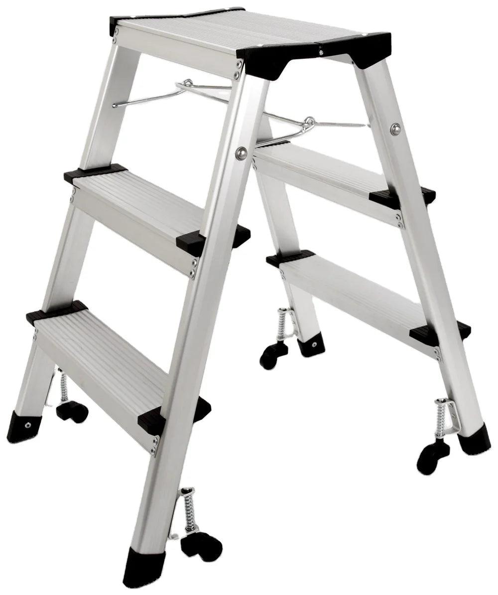 OEM ODM Customizable 3-step Aluminum Folding Platform Ladder with Loading Wheels Safe Ladder for Commercial Maintenance