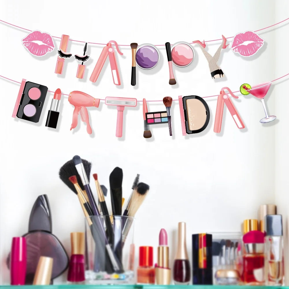 Huancai Make up Happy Birthday Banner Cosmetics Paper Garland Hanging Decorations Bunting for Kids Birthday Spa Party Supplies