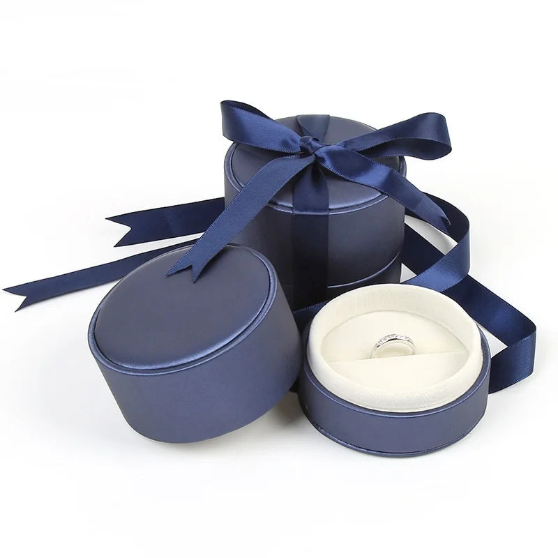 PU Leather Bow Mini Jewellery Wedding Ring Case Round Necklace Pendant Ring Package Box with Ribbon Dustproof Blue & White