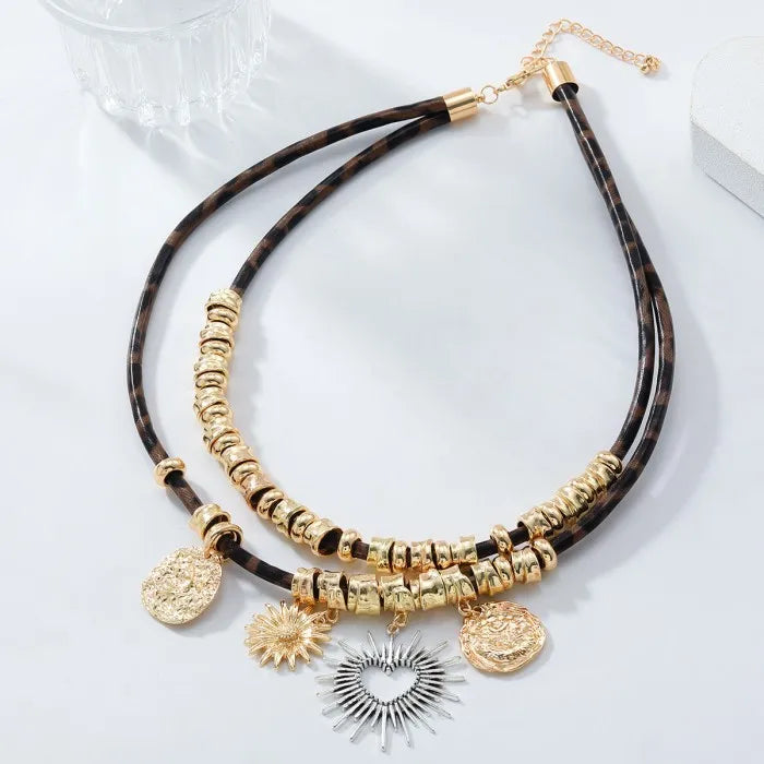 Vintage Multilayer Geometric Heart Flower Pendant Leather Necklaces Set for Women Holiday Party Girl Gifts