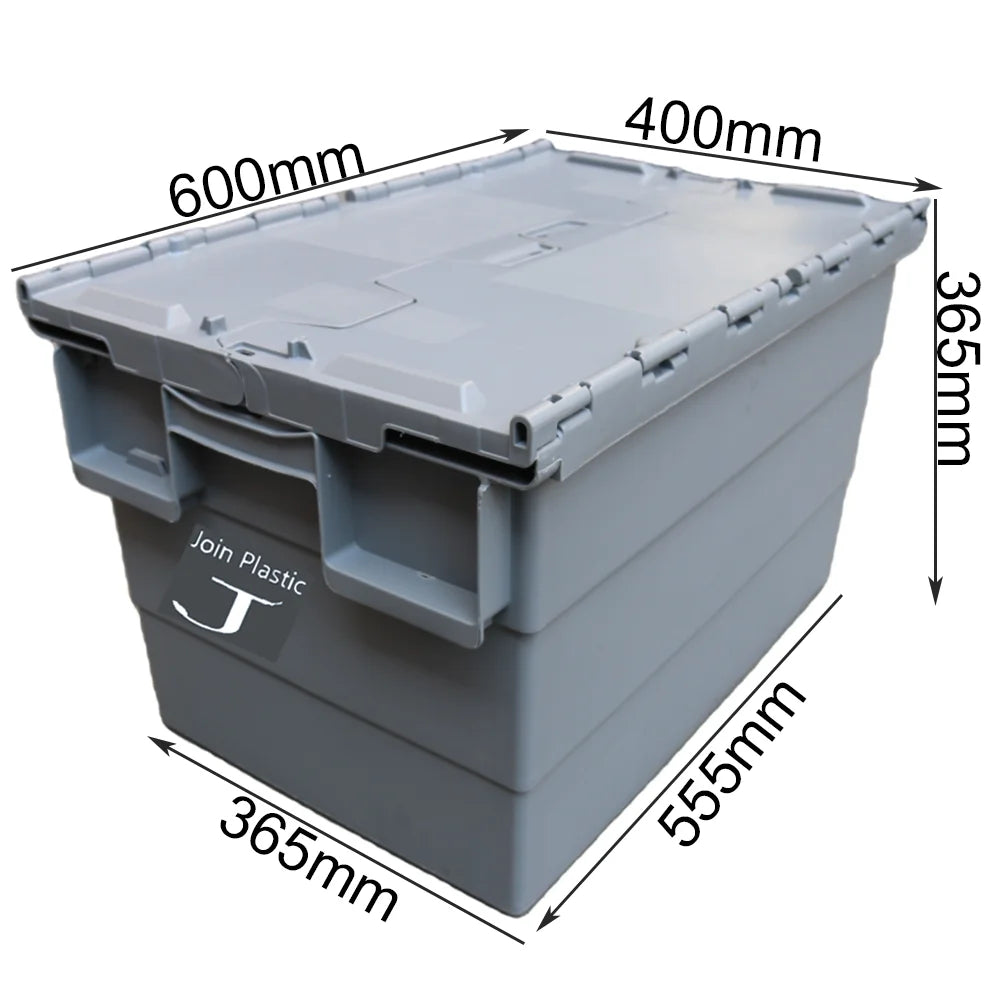 JOIN Plastic Stackable Polypropylene Storage Shipping Moving Crate Attached Lid Container with Flip Lid