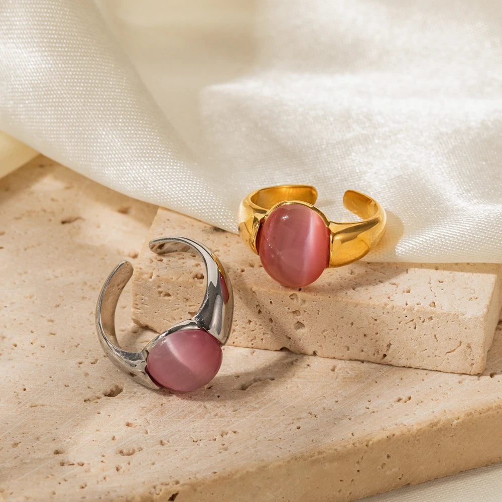 J&D Jewelry 18K Gold Plated Rings Stainless Steel Natural Stone Pink Clear Cat Eye Stone Heart Open Rings