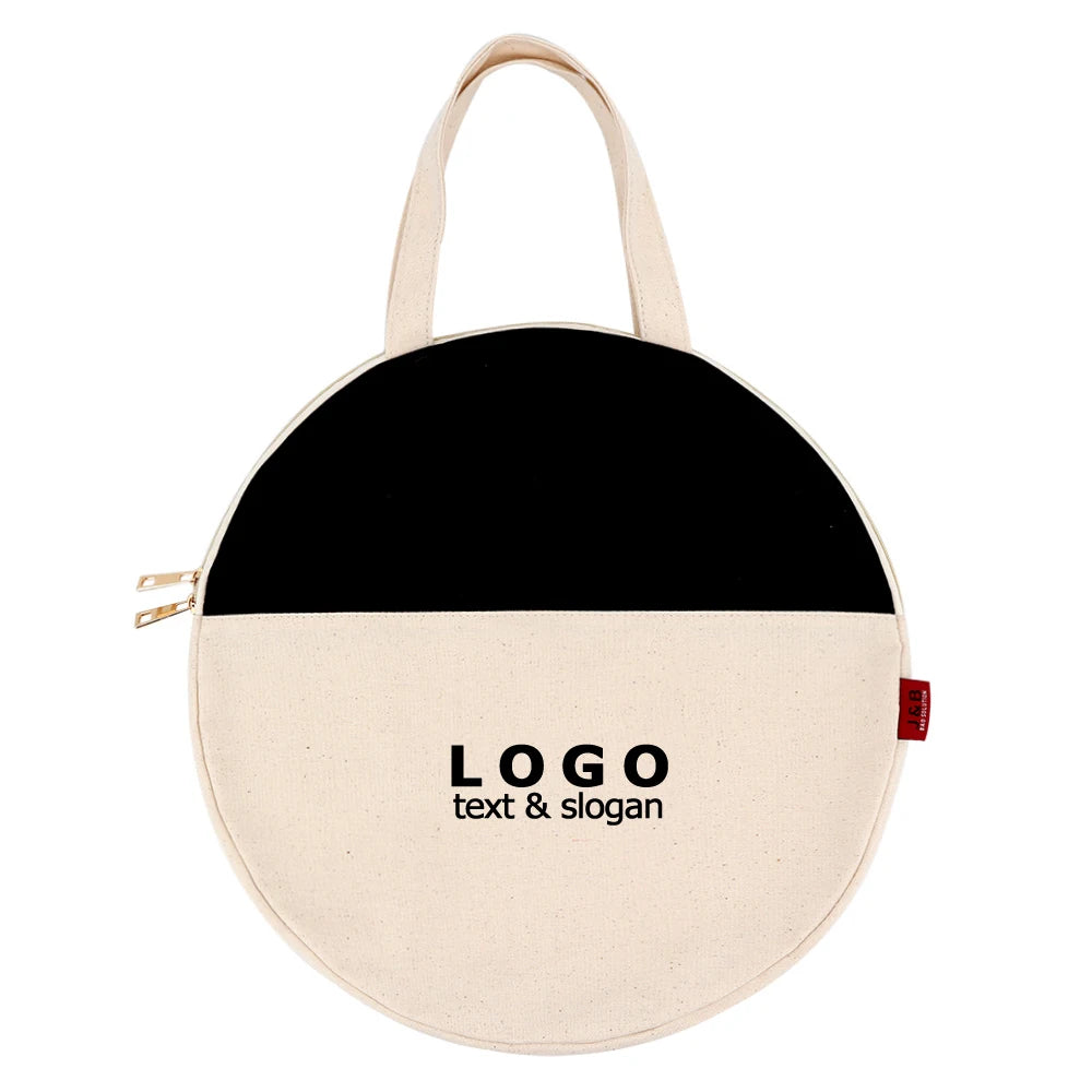 Factory Custom Shop Name Round Canvas Cotton Tote Bag Shopping Zipper Professional OEM Pattern Printing Presents Gift Bags