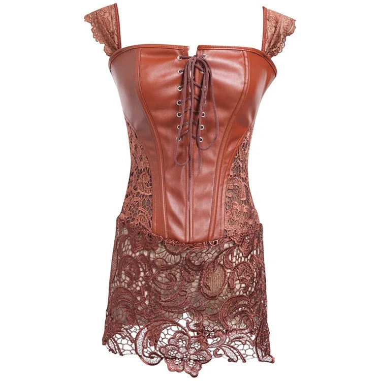 Plus Size S-6XL New Fashion Sexy Women Corset With Thong Faux Leather Black Lace Shaper Bustier