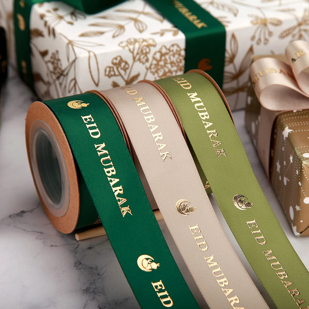Wholesale 2.5cm Muslim Ramadan Mubarak Tape Ribbon Luxury Gold Foil Printing Eid Ramadan Mubarak Ribbon