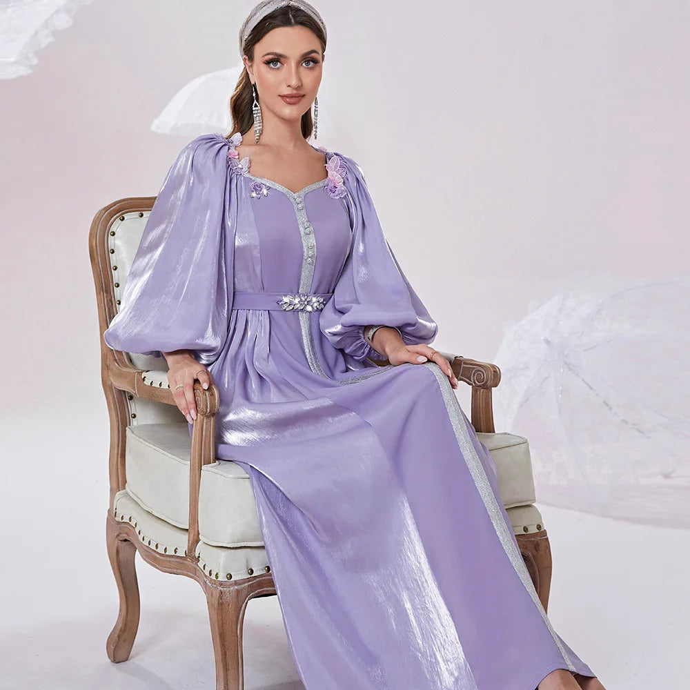 Uni Fashion Draped Beading Abaya Dubai for Female Solid Balloon Sleeve Princess Belted Clothing Elegant Muslim Woman Long Dress