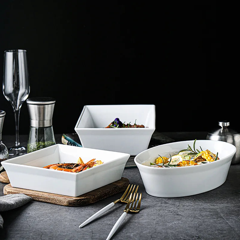Porcelain White Dinner Ware Sets Baking Dishes  Structural Plate for Ovens Barbecue Girddle Baking Tray Plates with Tray