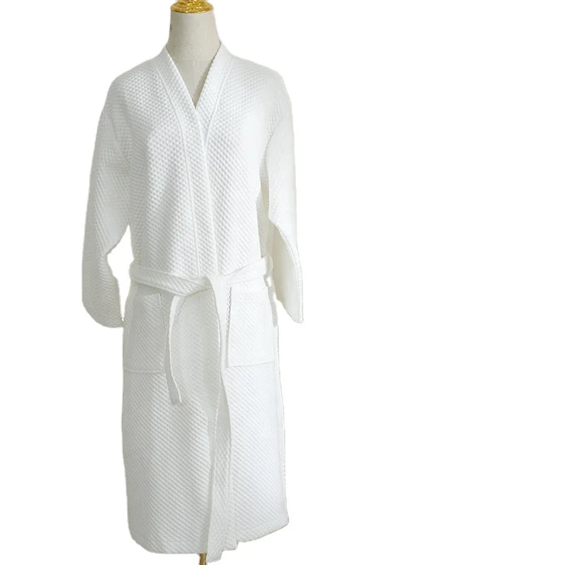 White Waffle Bathrobes Men Robes Soft Polyester Solid Color Pockets Long Bath Robe Home Gown Sleepwear