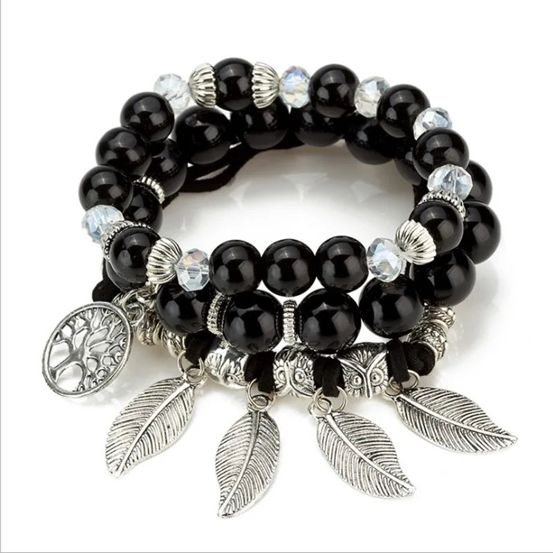 Fashion Tree of Life Multilayer Bracelet Jewelry Bangles Ladies Metal Alloy Leaf Chain Bracelets Handmade Glass Beaded Bracelet