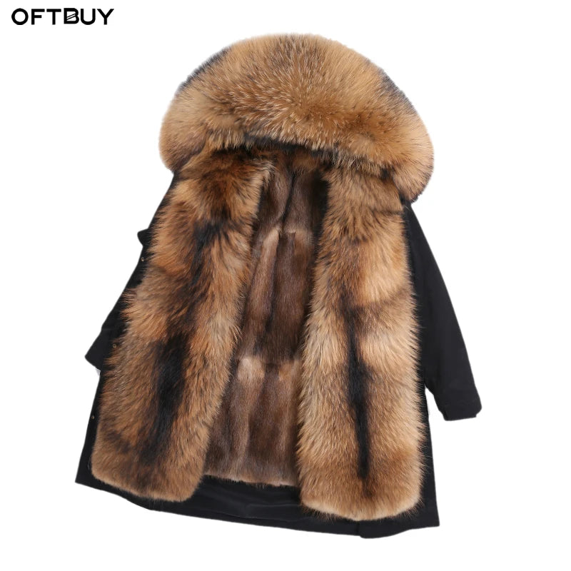 OFTBUY 2023 Women's Waterproof Winter Jacket Natural Real Raccoon Fur Collar Hooded Zipper Thick Warm Parka Streetwear Outfit