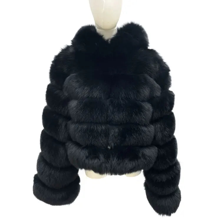 Wholesale Winter Casual Breathable Eco-Friendly Cotton Lining Polyester Real Fox Fur Thick High Street Short Hooded Black Coat
