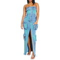 TWOTWINSTYLE Strapless Off-Shoulder Split Denim Skirt Hip Hugging Tie Dye Design Sexy Maxi Length for Autumn Spicy Girl Style