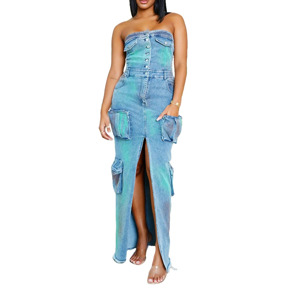 TWOTWINSTYLE Strapless Off-Shoulder Split Denim Skirt Hip Hugging Tie Dye Design Sexy Maxi Length for Autumn Spicy Girl Style
