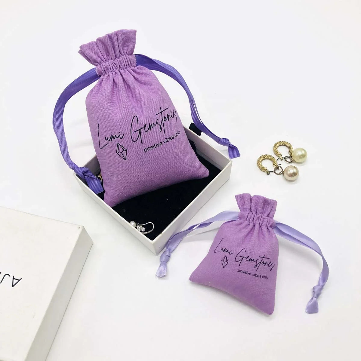 Custom Logo Printed Drawstring Cotton Pouch for Jewelry Necklace Bracelet Packing Reusable Muslin Drawstring  Bag