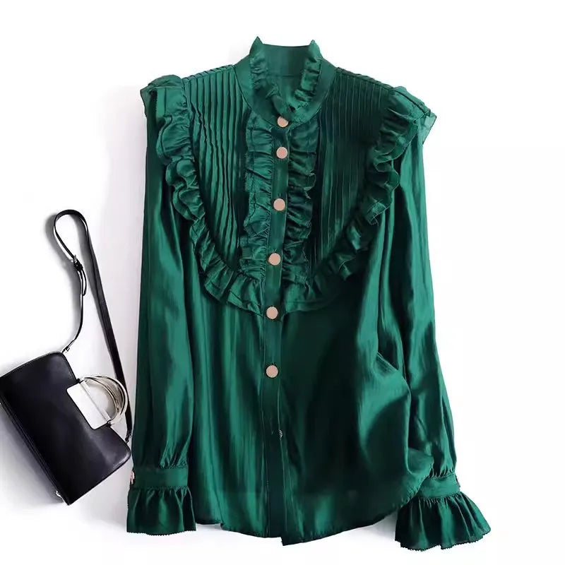 S-XXL High End Standing Collar Top With Wooden Ear Edge for Women's Shirt