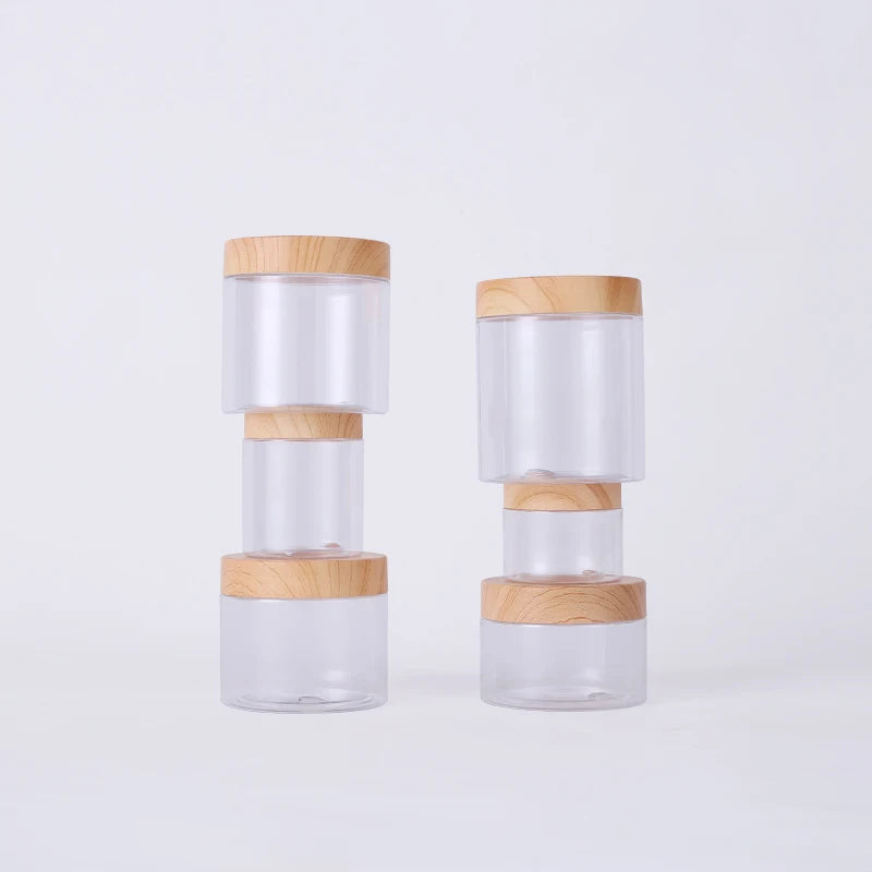 100 200 300 500 1000 ml Wide Mouth Plastic Cans Jars with Wood Grain Cover PET Transparent Plastic Pot Food Packaging Containers