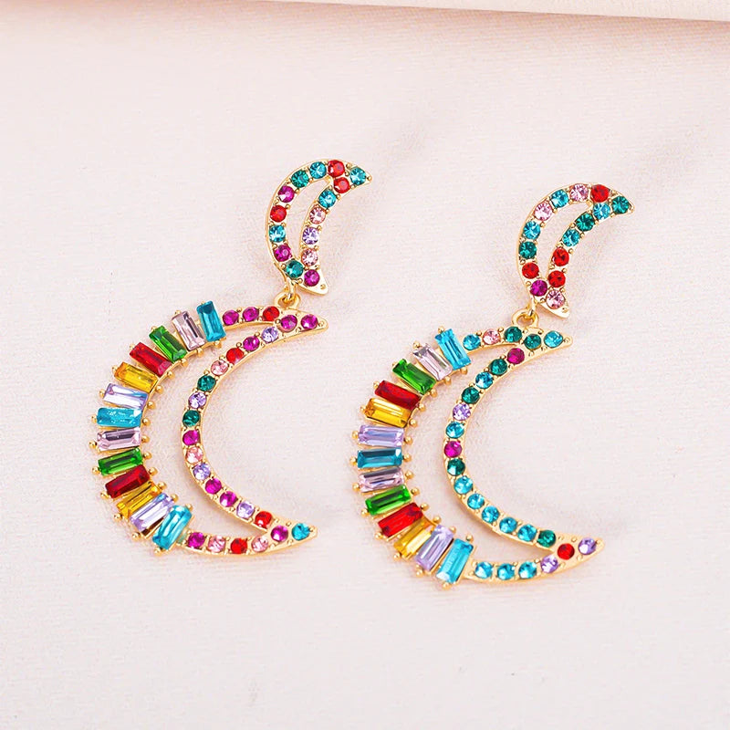 Elegant Crystal Moon Dangle Earrings Colored Rhinestone Crystal Moon Shaped Earrings for Women