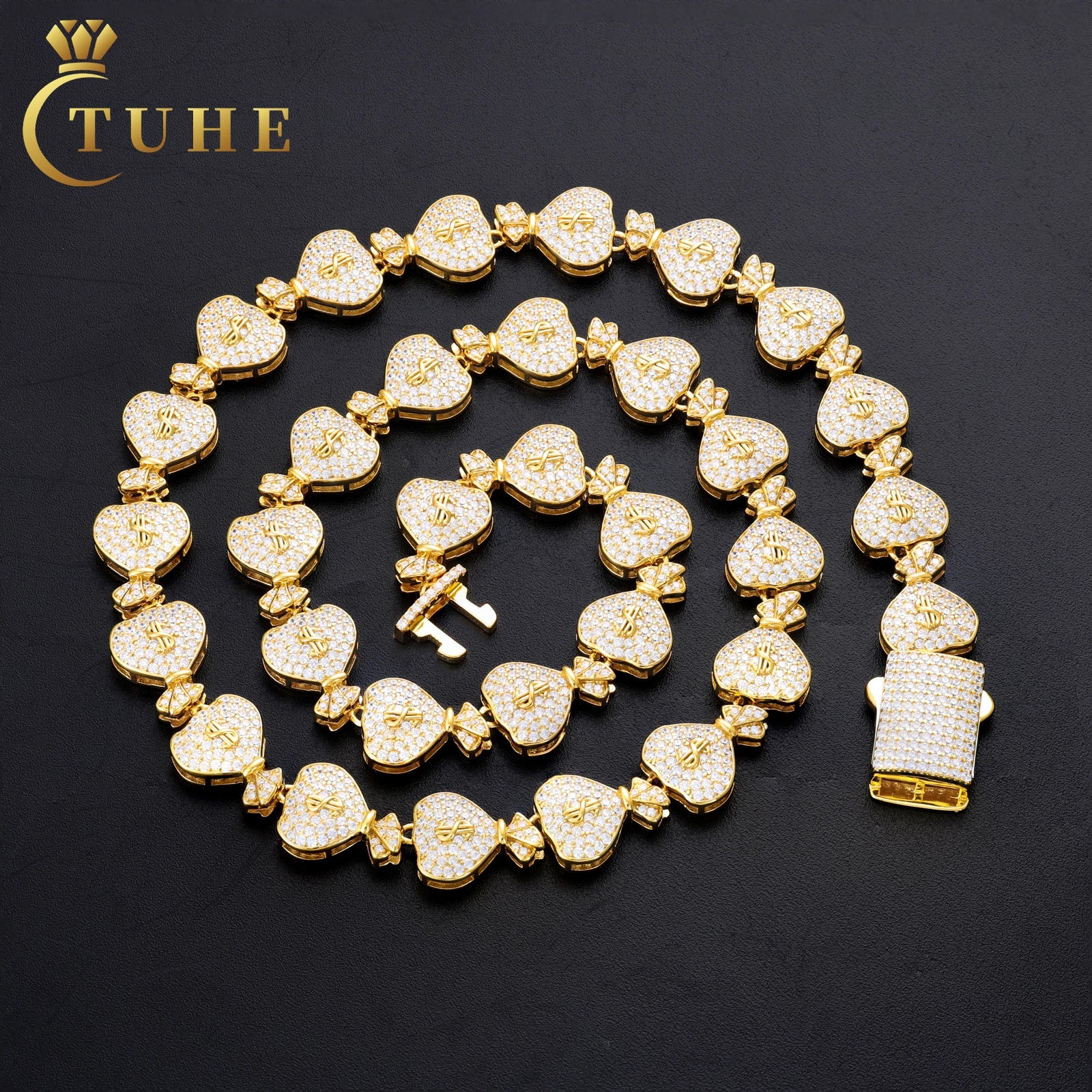 New Design 12mm Money Bag Link Chain Micro Paved VVS Moissanite Diamond Gold Plated 925 Silver Men Jewelry Party Necklace
