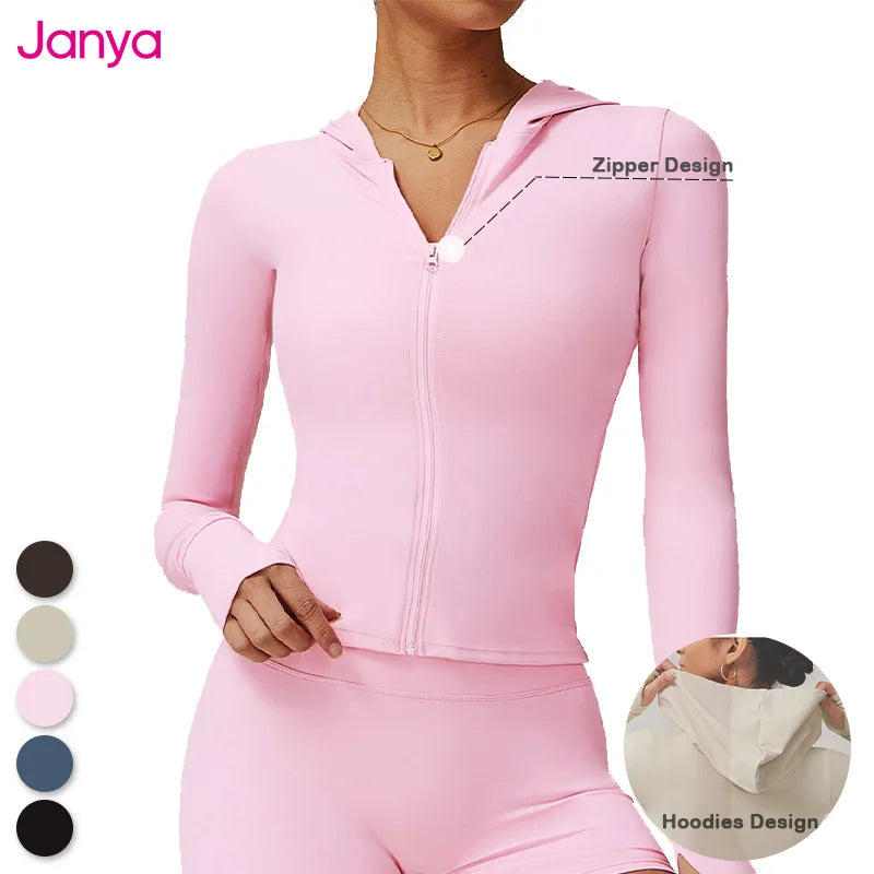 Janya Women's Zipper Long-Sleeve Sports Coat Running Gym Yoga Sportswear Tight Slim Soft Top Quick Dry Sports Jackets for Women