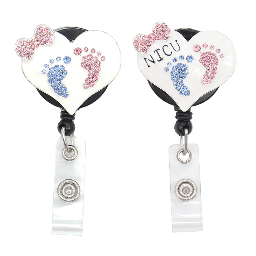Wholesale Heart-Shaped Retractable Badge Holder with NICU Footprint Sparkles Nurse Accessory Gift