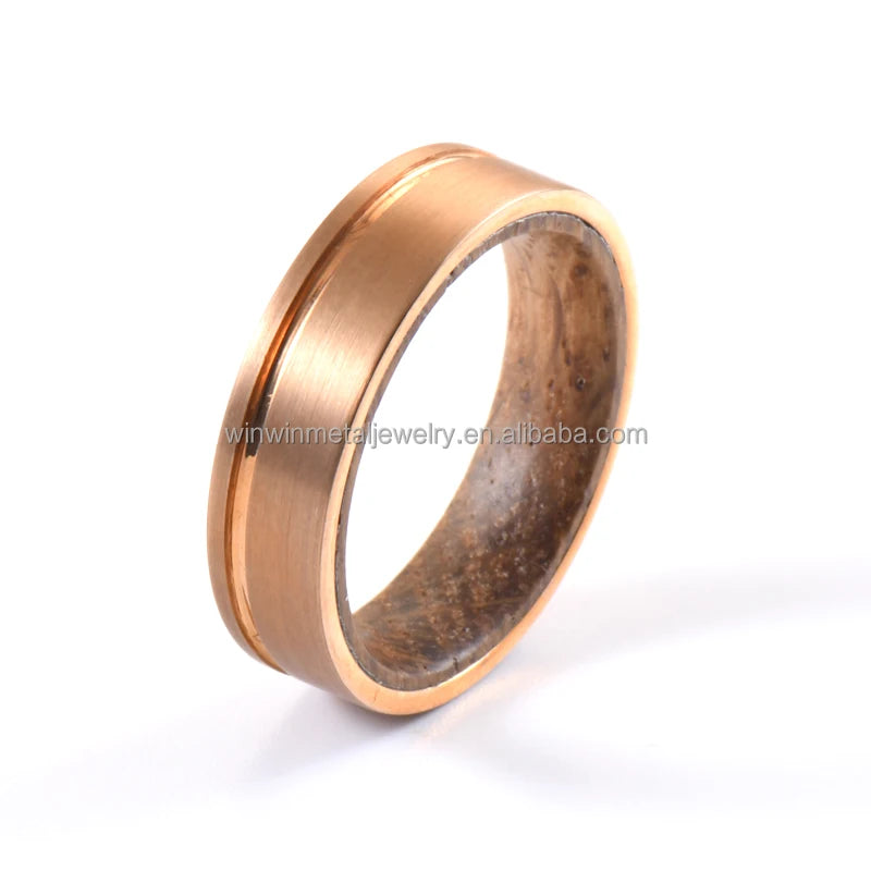 Unisex 6mm Tungsten Wood Inner Ring Whiskey Barrel Offsetting Grooved Design Rose Gold Accent for Men's Engagement Party Rings