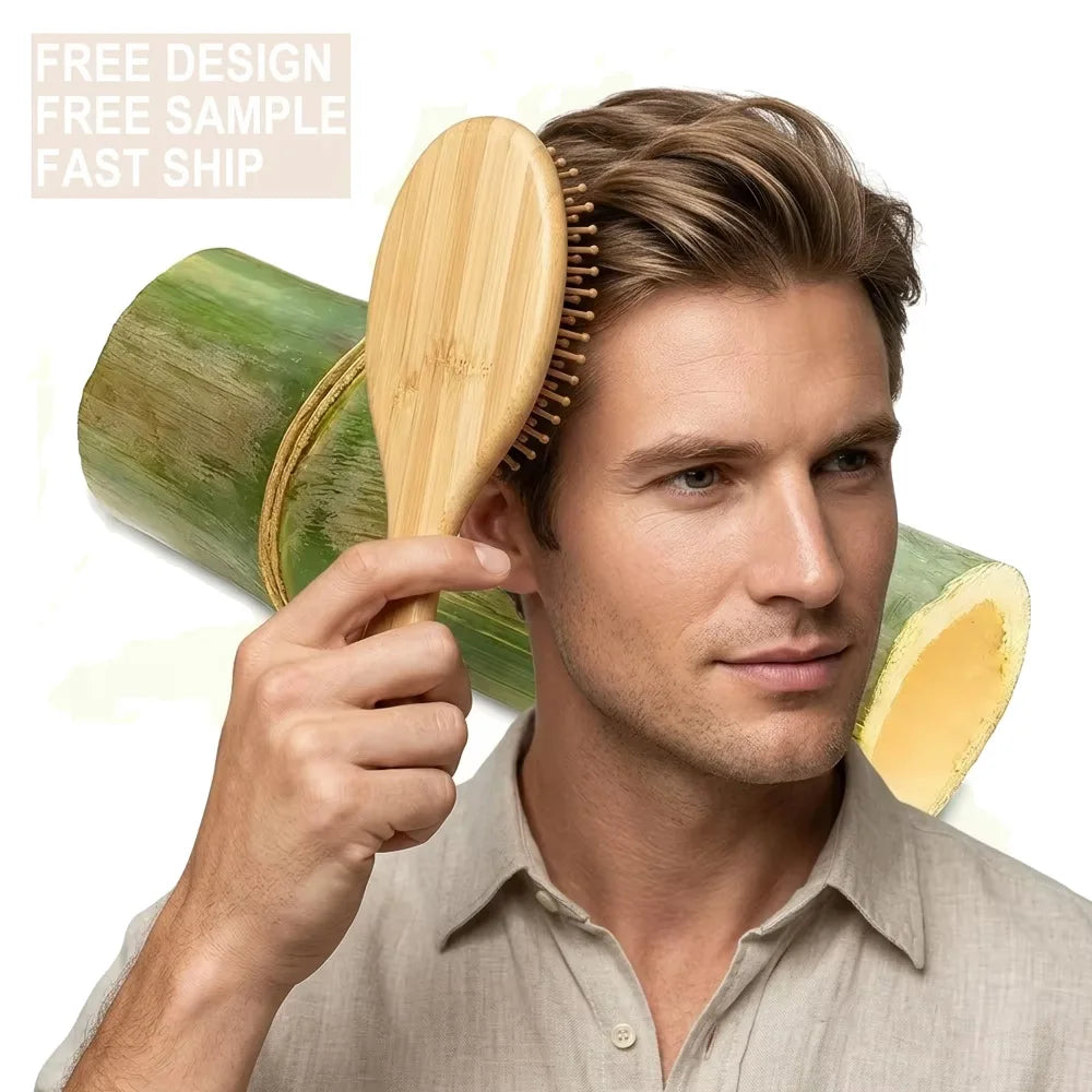 Custom Logo Massage Hair Brush ScalpFriendly Detangling Private Logo Bamboo Paddle Hair Brush with Box Packing Hair Brush Bamboo