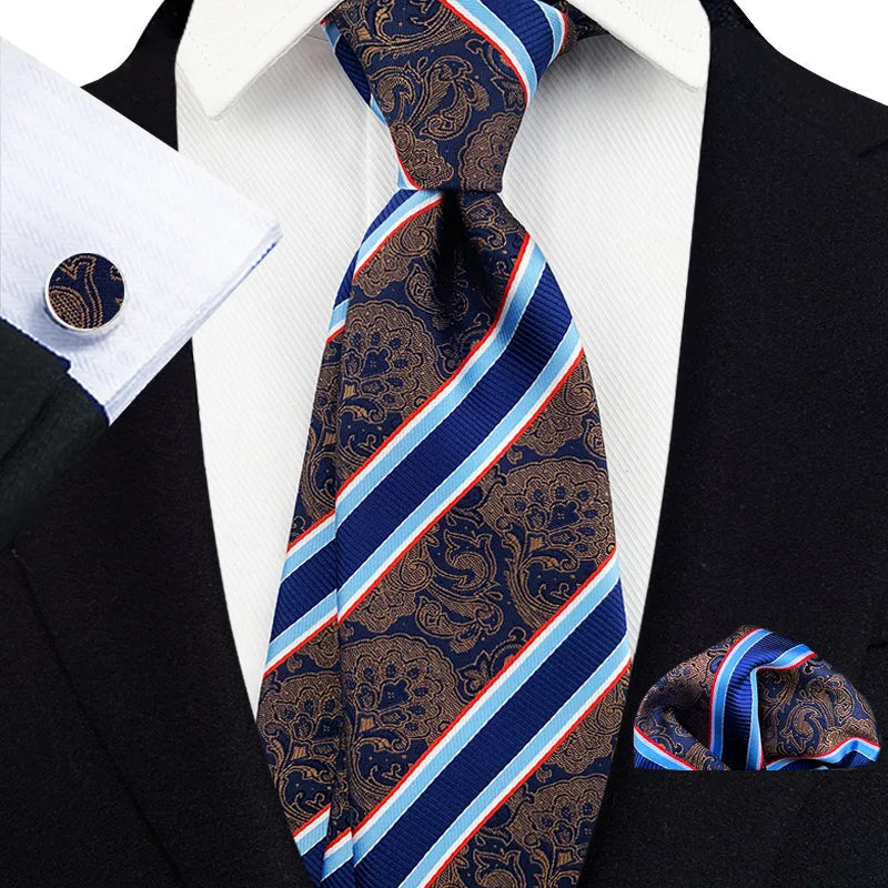 Classic Striped Mens Tie Set for Men Silk Polyester Necktie Pocket Square and Cufflinks Set for Business Suit Accessories