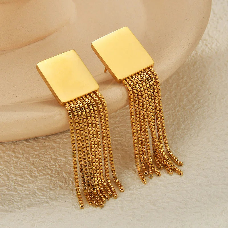 Women's Trendy Tassel Earrings 18K Gold Stainless Steel Geometric Earrings with Long Tassel Pendant Waterproof Fashion Jewelry