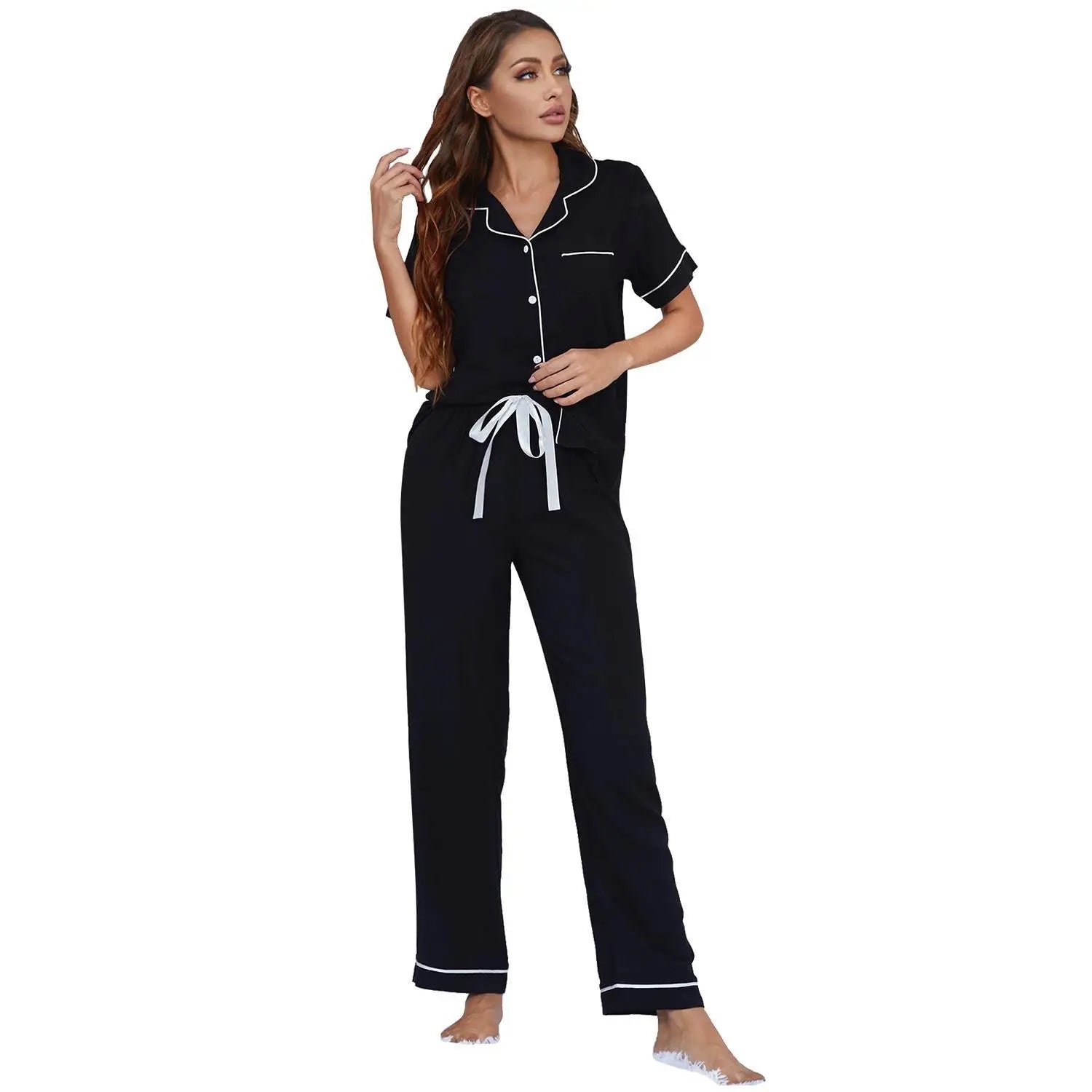 2-piece Set Popular Women's Sleepwear Soft Button Down Elastic Waist Ladies' Nightwear