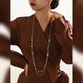 MEIZI 18K Gold Plated Double Layer Flat Chain Sliding Long Necklace Classic Trendy Body Jewelry for Wedding Party Gift Opal