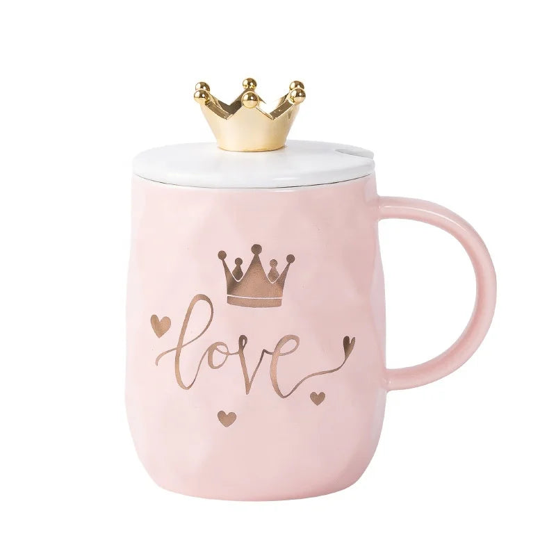 Creative High Temperature Resistant Ceramic Crown Mark Cup with Spoon and Lid Coffee & Milk Mug Wholesale