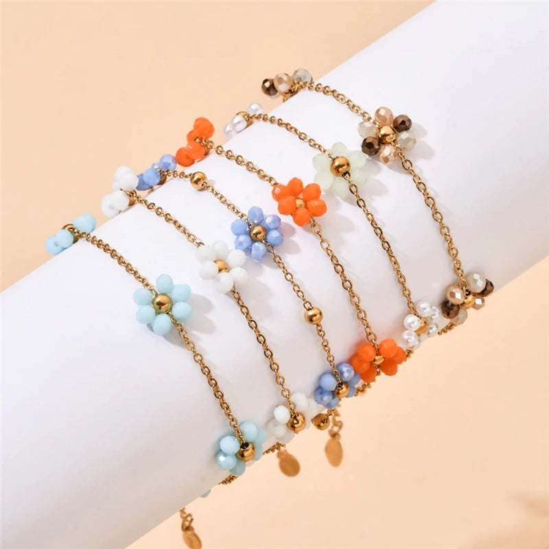 Trendy Jewelry 18k Gold Plated Stainless Steel Glass Crystal Bead Flower Adjustable Waterproof Bracelet for Women MegaBDM
