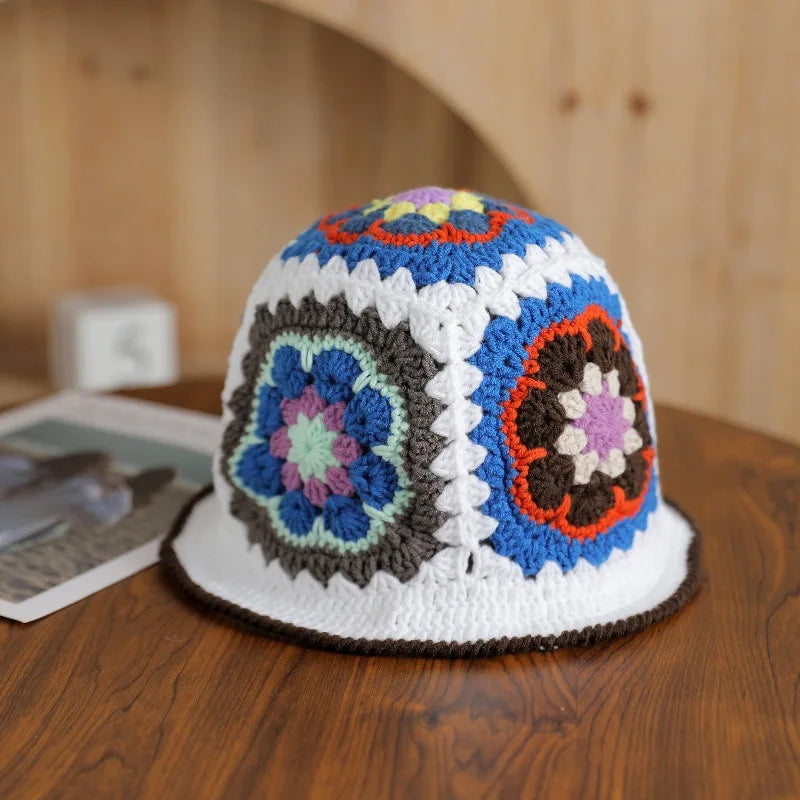 2024 Handmade Crochet Flower Bucket Hat Panama Caps Design Knitted Wool Beanie Hat Hot Sale Beach Unisex Adults Warm Hat