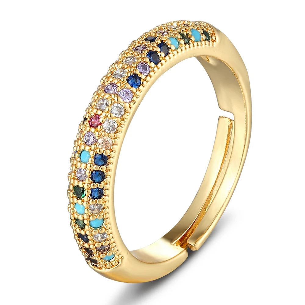 QIKU New Arrival Rainbow Crystal Rings Women Adjustable Copper Cubic Zircon Opening Geometric Ring Jewelry Customized Wholesale