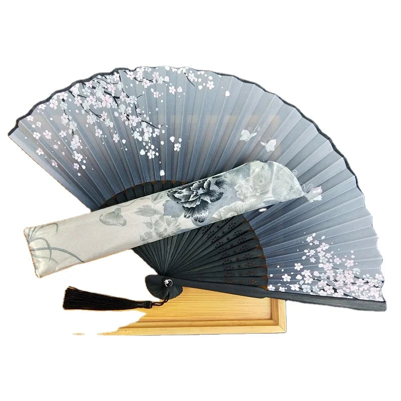New Design Sakura Black Bamboo Hand Folding Fans With Tassels for Summer Goods