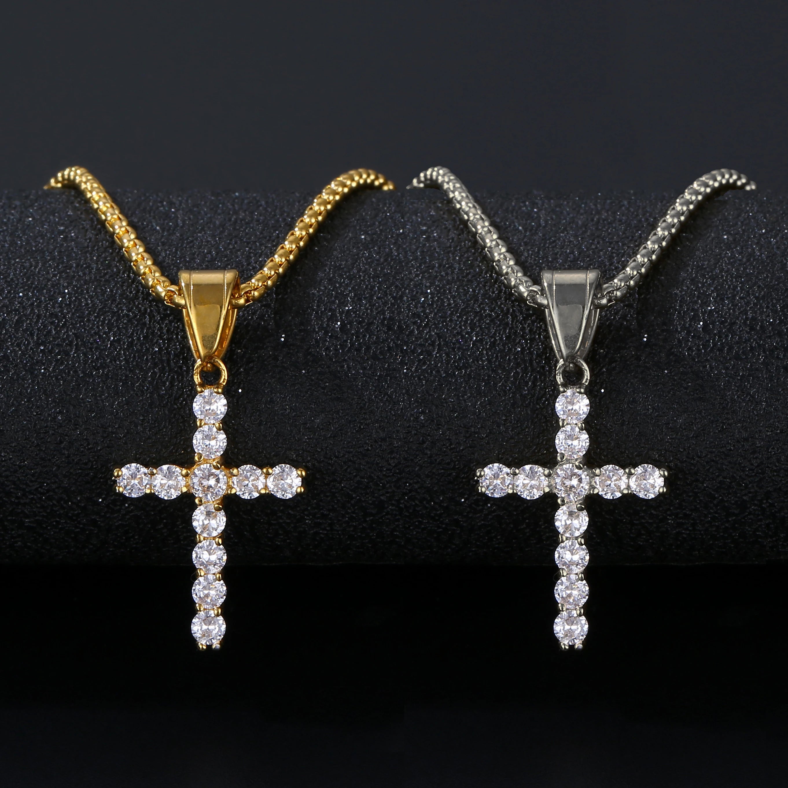 Hiphops Rhinestone Cz Gold Cross Christ Pendant Necklace for Men Women Stainless Steel Iced Out Tennis Cross Necklace Jewelry