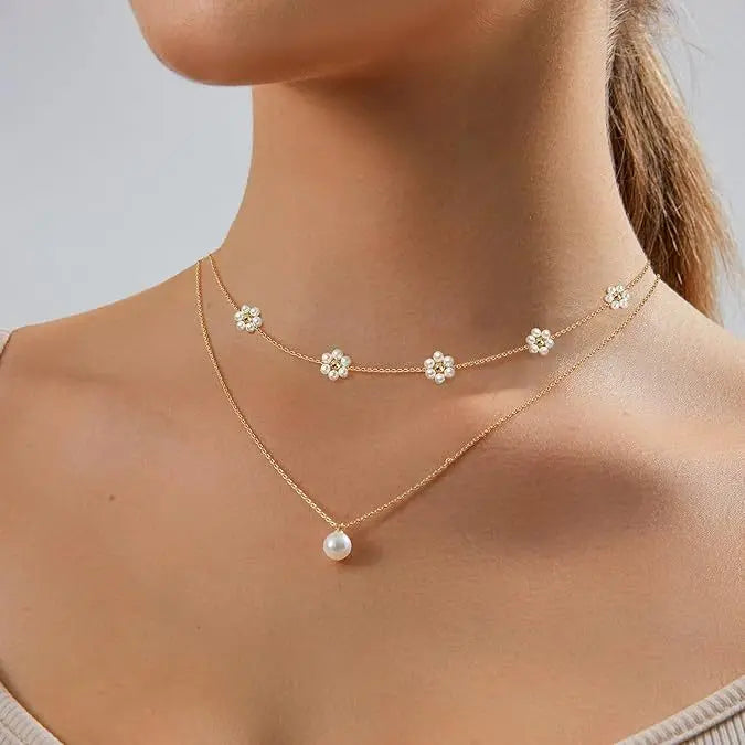 Trendy Jewelry Dainty Gold Pearl Necklaces Set Layered Stainless Steel Cute Daisy Pearl Choker Necklace for Women Gifts