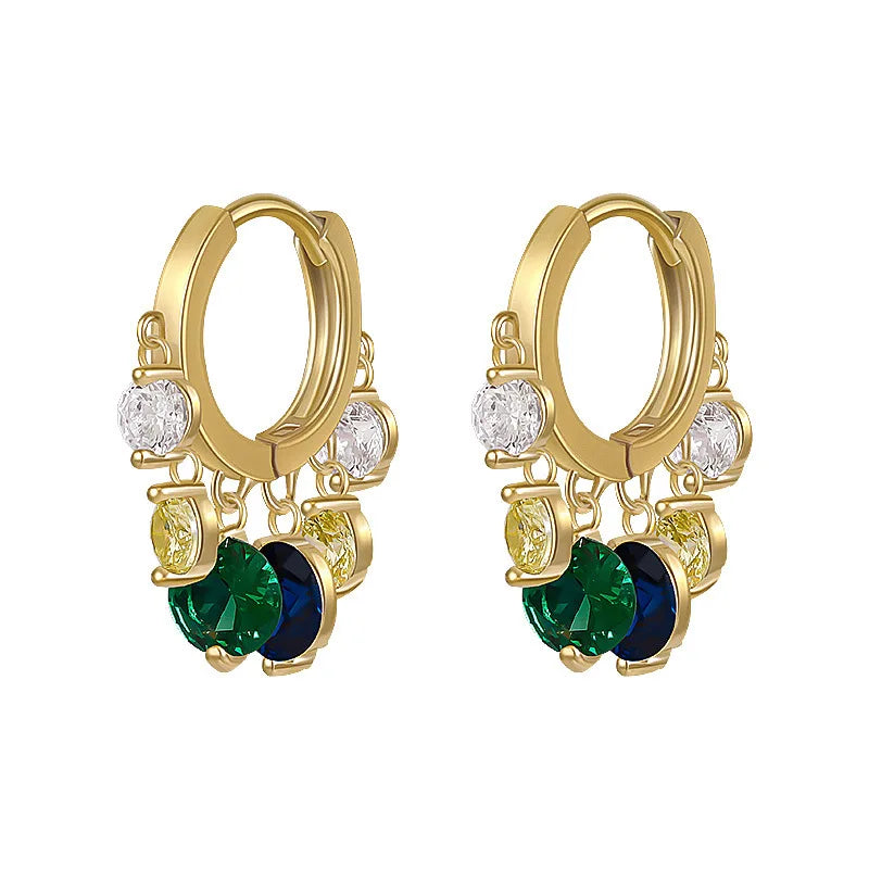 Ethnic Style Fashion Design Geometric Colorful Zircon Temperament Personality Trendy Hug Hoop Simple 18K Gold Plated Earrings