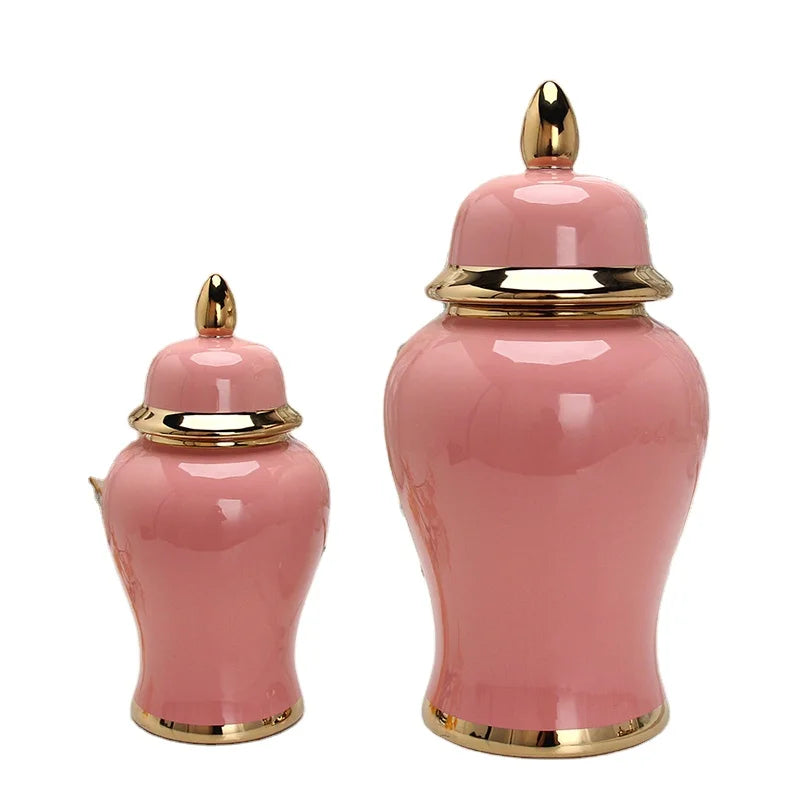 Home Decor Pink Ceramic Ginger Jars Gold Porcelain Vase with Lid Art Deco Design for Weddings and Tabletop Decorations