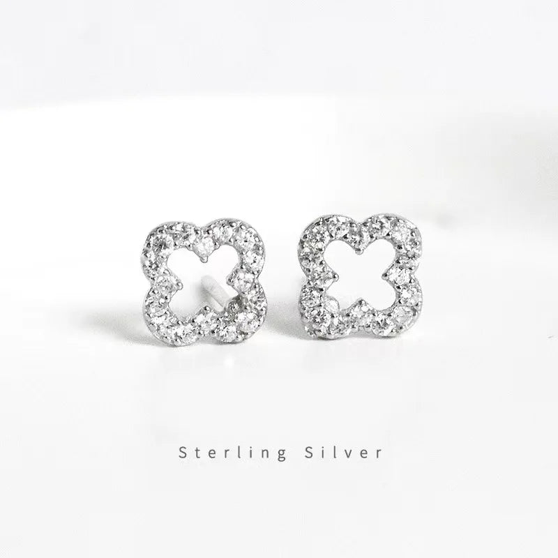 Korean Earrings925 Sterling Silver Allergenic Earrings Hollowed-out Four-leaf Clover Studs With Full Drill for Women