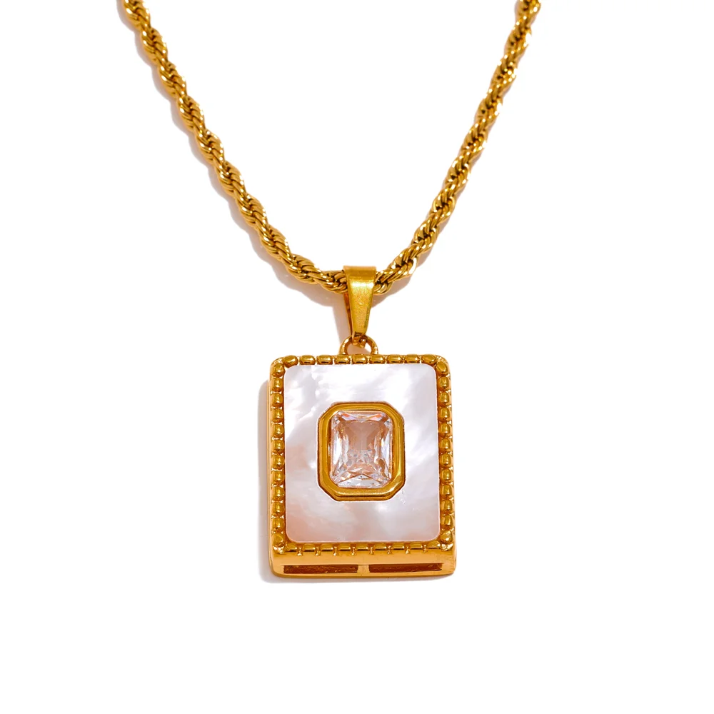 JINYOU 2404 Luxury Natural Shell Zircon Square Pendant Necklace Stainless Steel High-Grade Trendy Neck Jewelry Women Bijoux