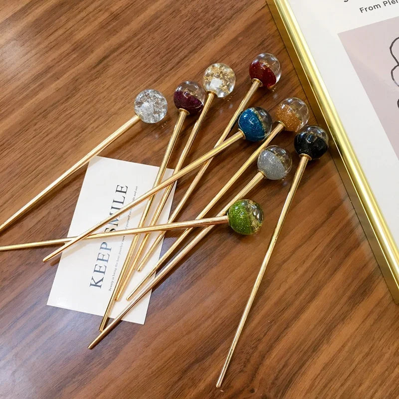 Lollipop Shape Chopstick Decorative Hairpin Simple Elegant Round Ball Metal Pin Hair Stick Accessories Women for Girls Hair Updo